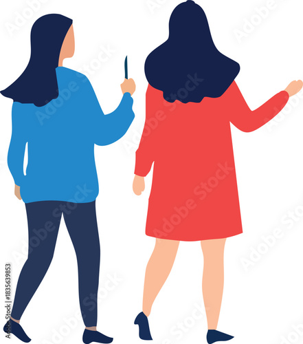 A flat illustration of two women walking from behind, one holding an object while the other gestures with her hand.