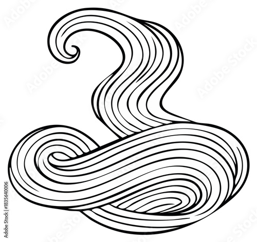 Stylized flowing lines resembling abstract hair or water movement in black and white