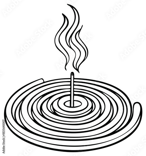 Simple black and white line art illustration of a burning spiral mosquito coil and smoke