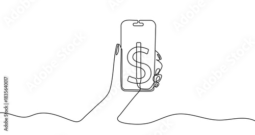 Hand holding a smartphone with a dollar sign. One line drawing for mobile finance and online payments. Vector illustration for technology concept.