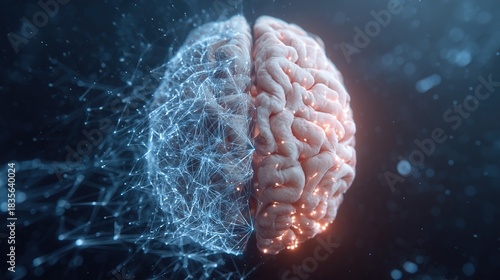 Dual Brain: A mesmerizing image showcases a human brain split, with one half ablaze with vibrant light and the other entangled in a network of digital connections.