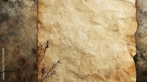 Old parchment paper texture on rustic stone background. Vintage grunge flat lay with dried plants. Copy space for text