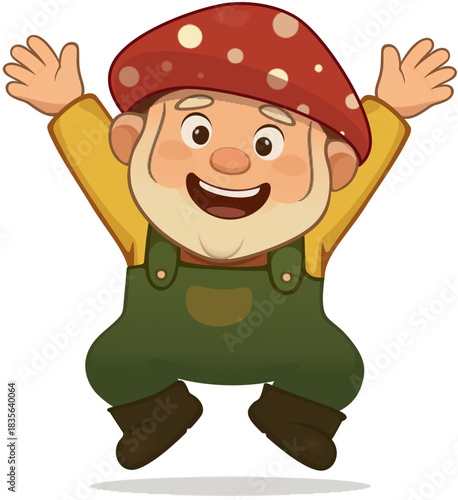 Jumping Happy Gnome Character – Joyful Cartoon Vector Illustration