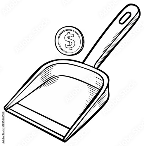 Dustpan collecting a dollar coin cartoon illustration representing easy money and financial gain