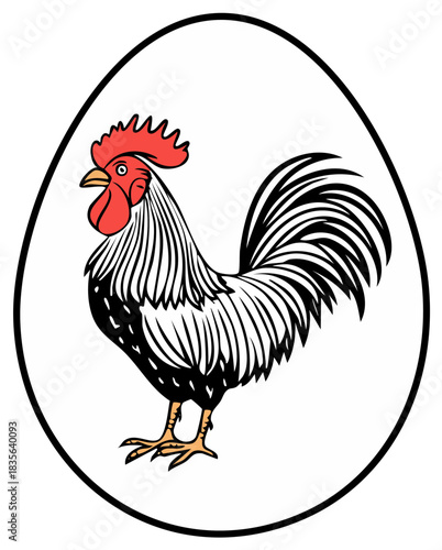 Striking rooster illustration inside egg shape conveys farm fresh vibrant design, symbol for agriculture, Easter, and animal emblem