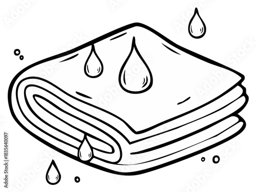 Wet folded towel with dripping water drops in line art style