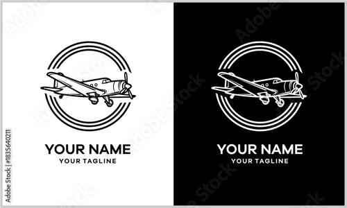 Two identical line art logos featuring a vintage propeller airplane within a circular emblem, presented in black on white and white on black.