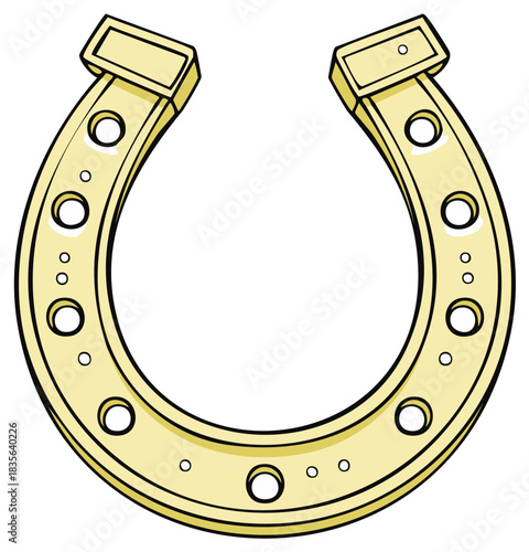 Illustration of horseshoe with openings, gold color lucky charm for success in equestrian sports and good fortune