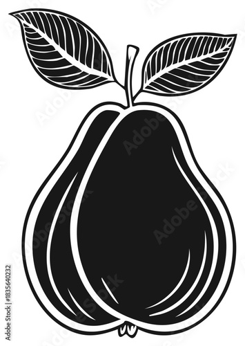 Stylized black and white pear illustration with two leaves isolated graphic fruit design element