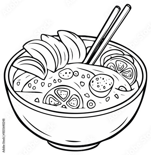 Asian inspired food bowl with chopsticks and fresh ingredients black and white line art drawing