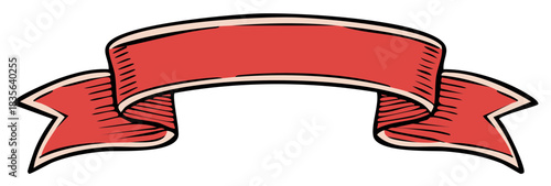 Vibrant red vintage banner ribbon design, hand-drawn with classic elegant curves and pointed ends.