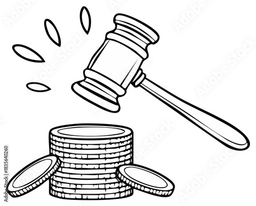 Judge's gavel striking a stack of coins, a conceptual illustration of financial law and judgment