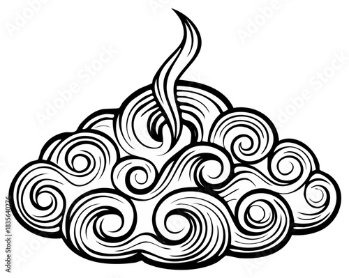 Stylized Japanese cloud with decorative swirls and curls in a black and white line art style