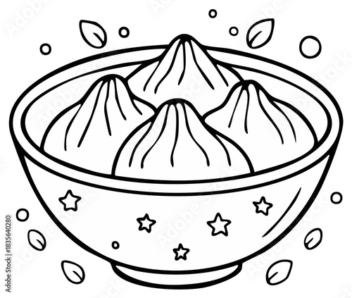 Cute Cartoon Dumplings in a Bowl Black and White Line Art Coloring Page