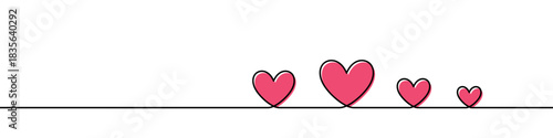 Group of pink hearts of various sizes in continuous line style. One line drawing of love and family relationship. Vector illustration with editable stroke.