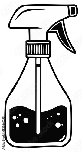 Spray bottle illustration with liquid, outline style, vector art for cleaning and gardening applications