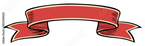 Classic red curved ribbon banner with vintage etched details ideal for text decoration or festive announcements