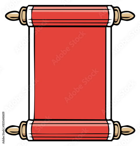 Red scroll with wooden rollers ancient document isolated cartoon vector illustration