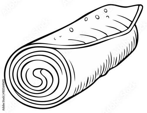 Black Line Art Drawing of a Delicious Rolled Burrito or Savory Food Wrap Outline Illustration