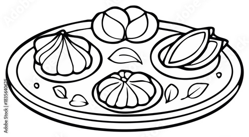 Traditional Asian food platter with assorted dumplings momos and modak line art illustration