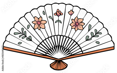 Elegant Folding Fan Illustration with Floral Details Vintage Style Decorative Design Accessory for Celebrations