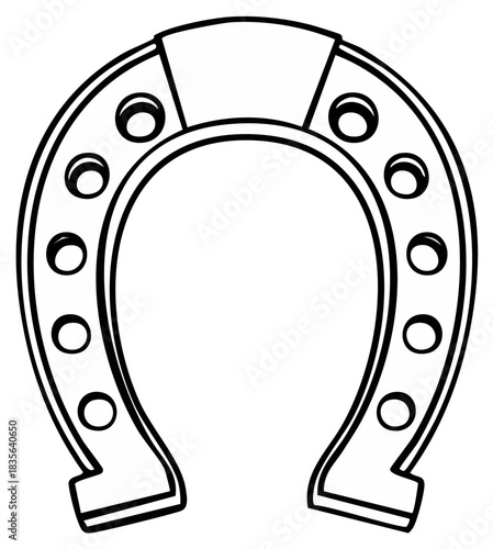 Classic lucky horseshoe symbol, black and white line art graphic with holes