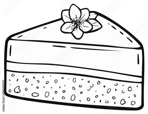 Hand drawn cake slice with a flower on top black and white line art illustration