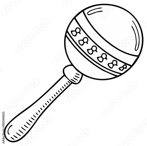 Black and white hand drawn baby rattle toy icon outline