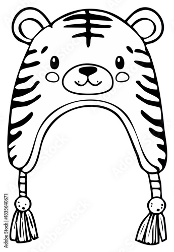 Cute tiger face winter hat with earflaps and tassels charming cartoon illustration