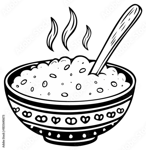 Bowl of Hot Cereal with Spoon and Rising Steam Food Monochrome Illustration