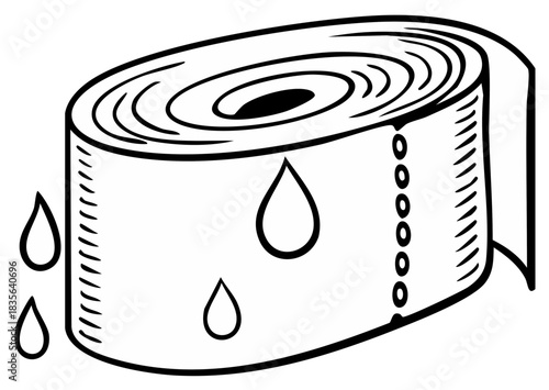 Black and white line art illustration of a wet toilet paper roll with dripping water drops