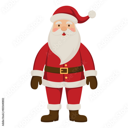 Illustration of Santa Claus wearing a red suit and hat. Holiday vector flat design isolated on a white background.