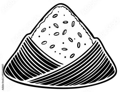 Traditional Asian sticky rice dumpling zongzi wrapped in leaves with grains monochrome illustration