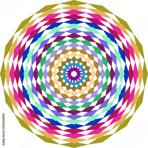 Colorful Geometric Diamond Pattern Mandala Design with Concentric Circles and Rainbow Hues for Creative Projects