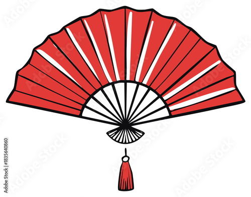 Vibrant red Japanese style folding fan with tassel an elegant cultural accessory