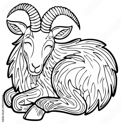 Stylized Line Art Goat with Elegant Horns Resting Peacefully with Eyes Closed