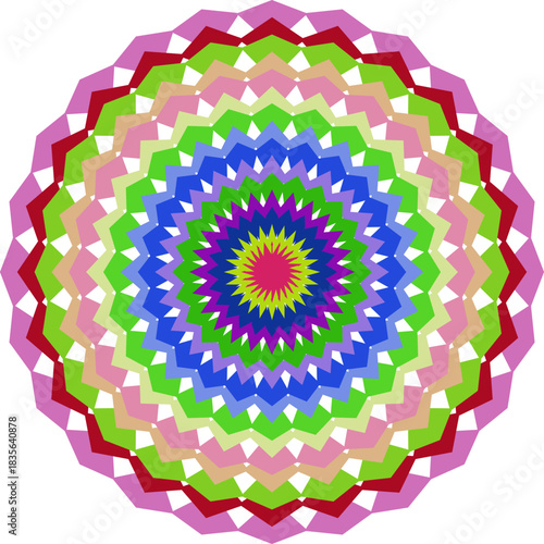 Geometric colorful kaleidoscope pattern background with symmetrical design and vibrant shades radiating from the center