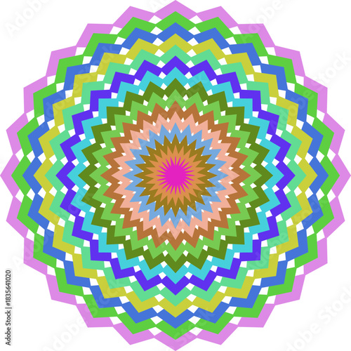 Abstract Geometric Kaleidoscope Pattern with Vibrant Colors and Zigzag Lines Creating a Dynamic Circular Design