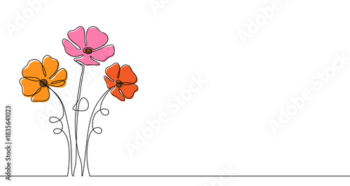Drawing of three colorful flowers on stems in one line art style. Floral illustration with editable stroke on a white background. Vector illustration.