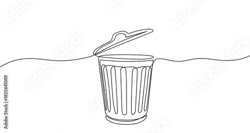 Drawing of a trash can or garbage basket in one line art style. Illustration with editable stroke on a white background. Vector illustration.