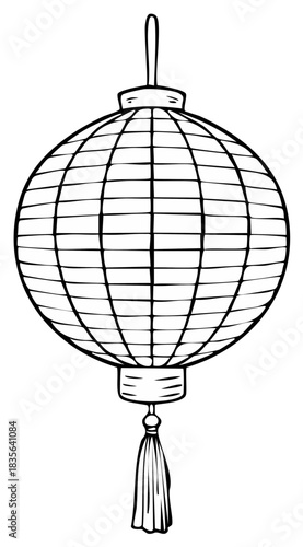 Hand drawn line art illustration of a traditional round Asian paper lantern with a tassel