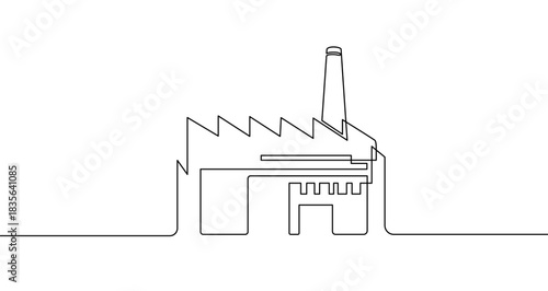 Drawing of an industrial plant or factory with a chimney in one line art style. Illustration with editable stroke on a white background. Vector illustration.