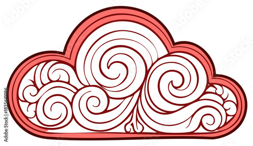 Vivid red stylized cloud with elegant swirling patterns and artistic lines illustration