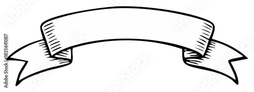 Elegant Hand Drawn Black Outline Empty Curved Ribbon Banner Element for Festive Design Retro Vintage Style