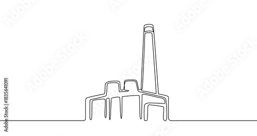 Drawing of an industrial plant or factory with a chimney in one line art style. Illustration with editable stroke on a white background. Vector illustration.