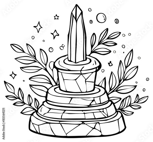 Mystical Crystal Obelisk Surrounded by Enchanting Foliage and Celestial Sparkles