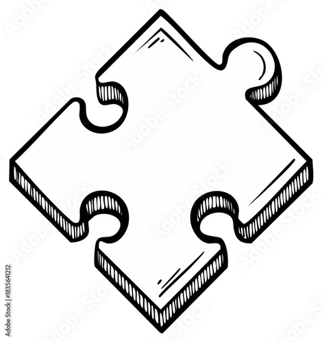 Single blank jigsaw puzzle piece with distinct tabs and voids in hand drawn sketch style