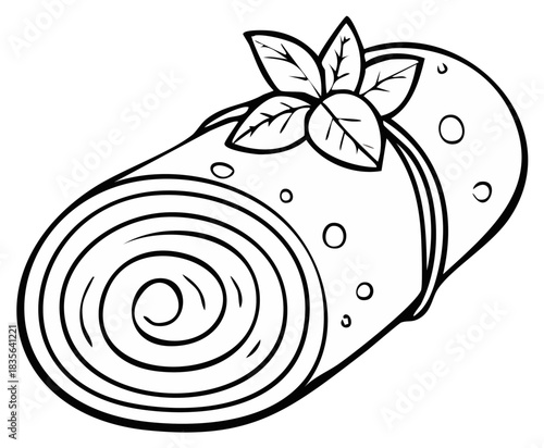 Rolled pastry with a swirl filling and fresh herb garnish, a simple black and white food line art illustration