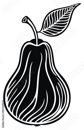 Stylized black and white pear fruit illustration with leaf and stem minimalist design