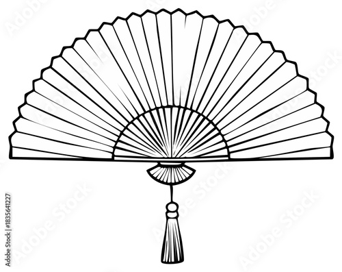 Decorative Folding Fan With Tassel Line Drawing